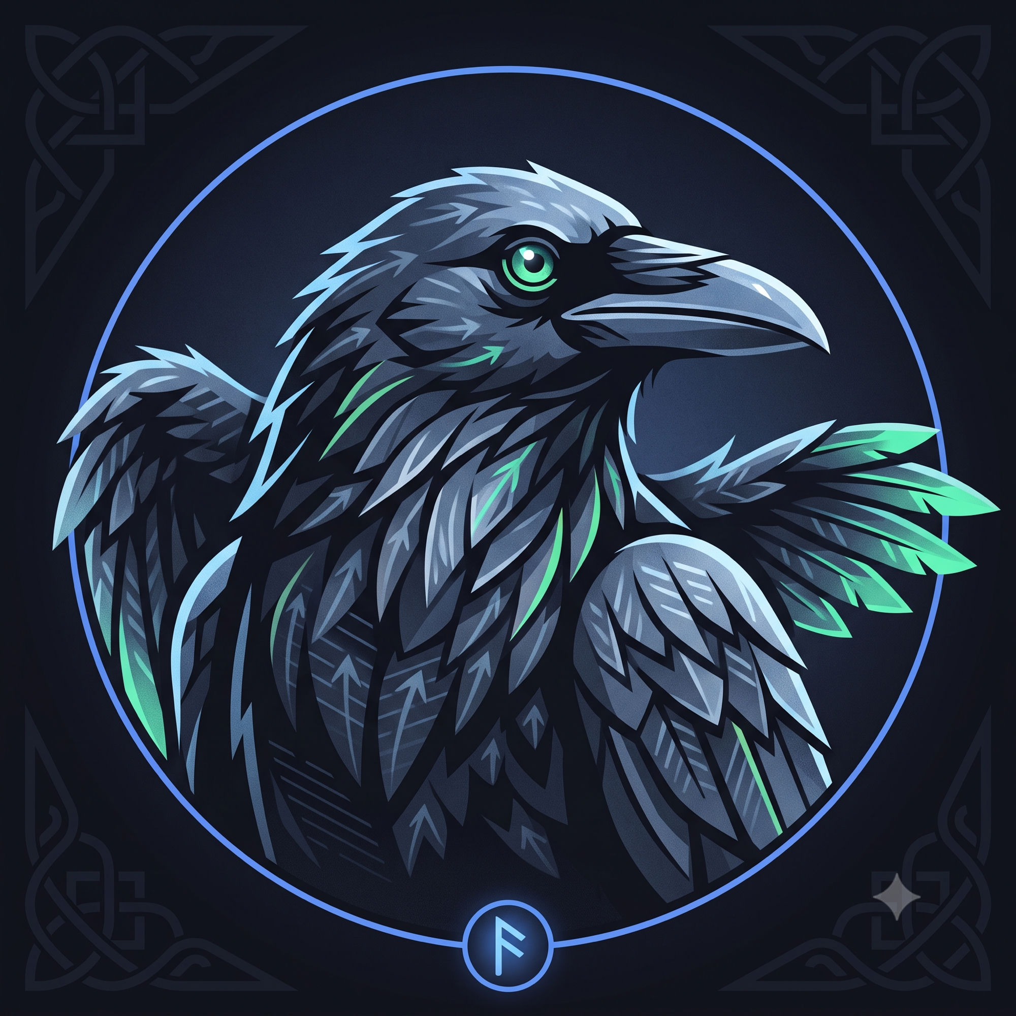Retrato do agente Huginn, corvo nórdico que representa o pensamento e o planejamento do dia seguinte.