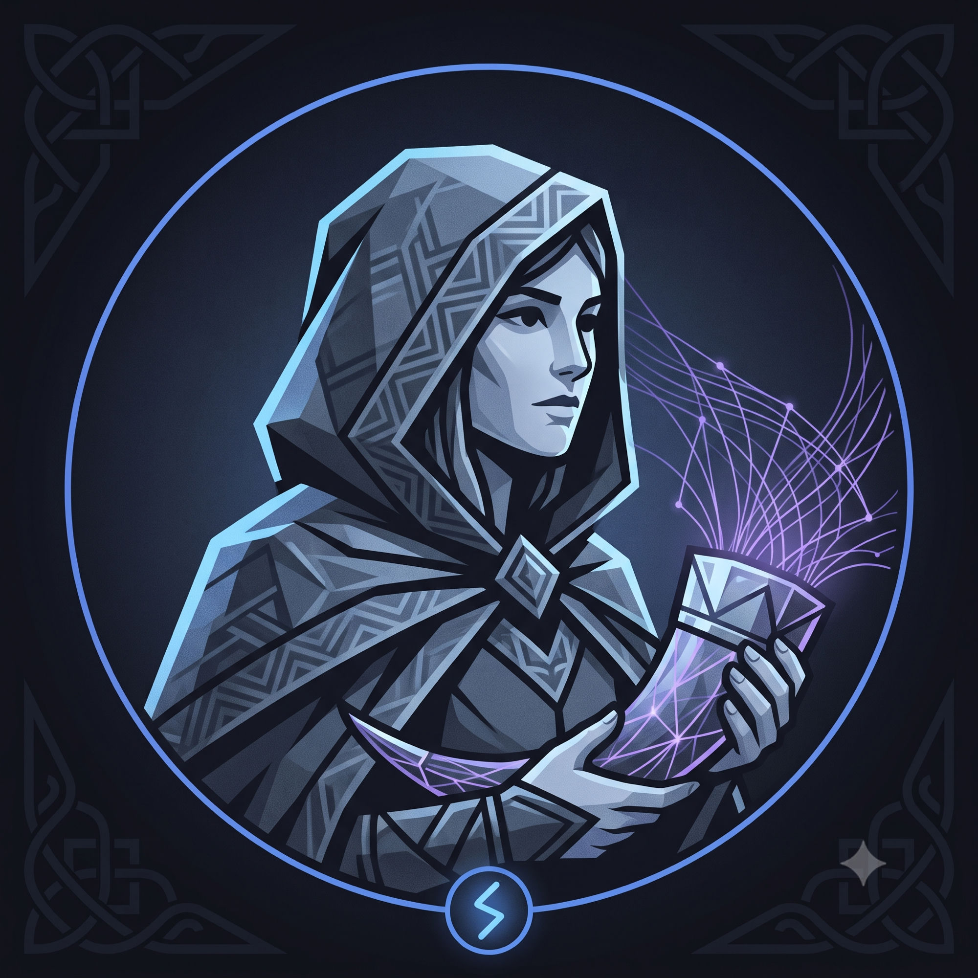 Retrato da agente Saga, cronista nórdica que registra reuniões e gera insights.