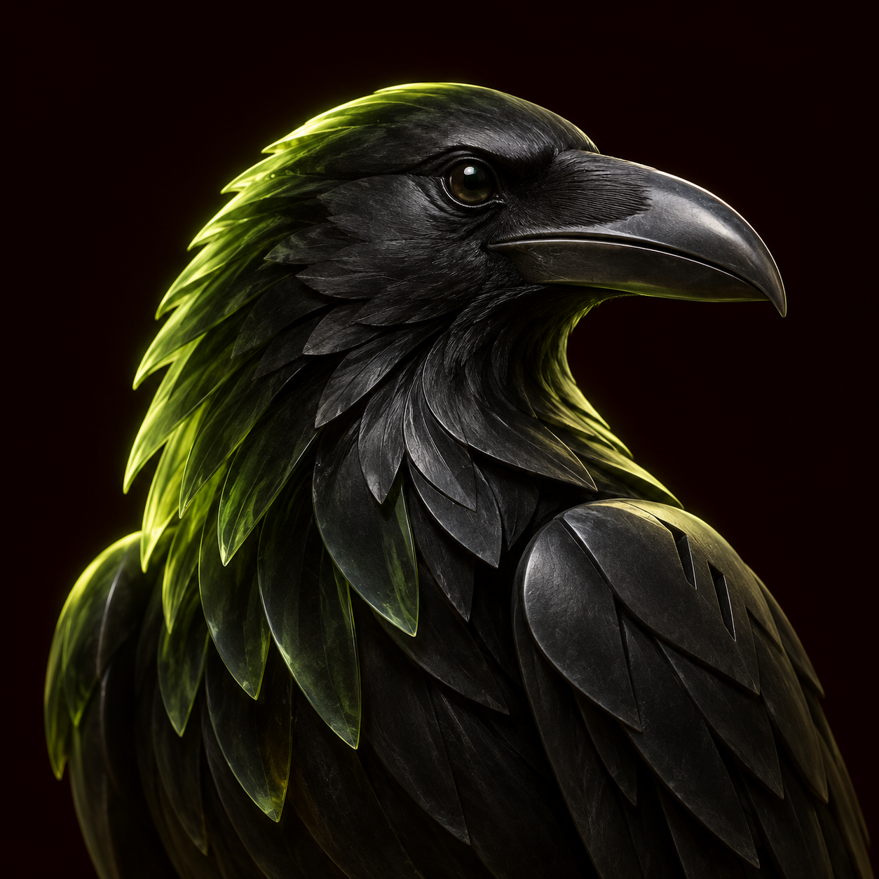 Retrato do agente Huginn, corvo nórdico que representa o pensamento e o planejamento do dia seguinte.