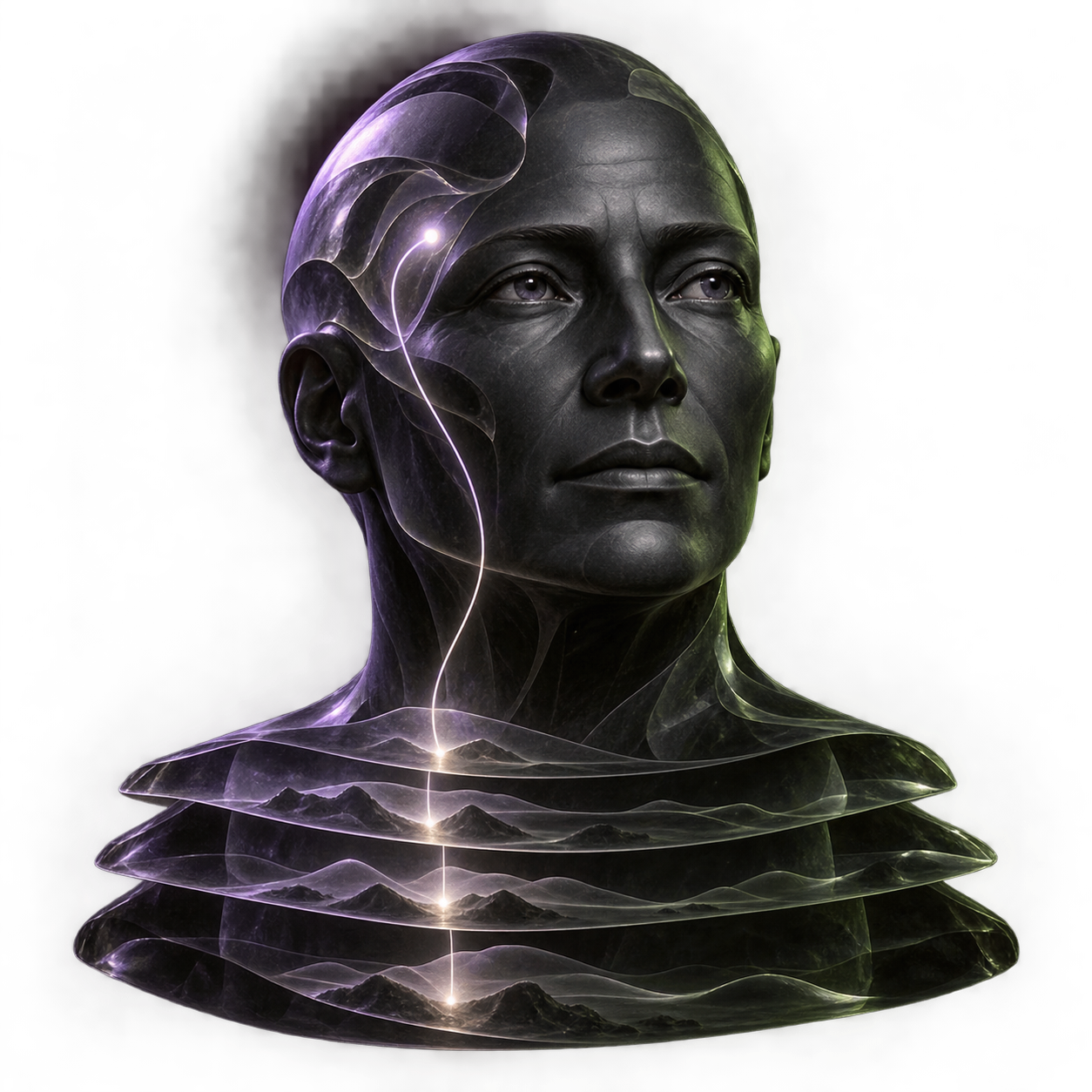 Retrato do agente Mímir, cabeça de pedra rúnica meio submersa em água parada, guardião do conhecimento acumulado.